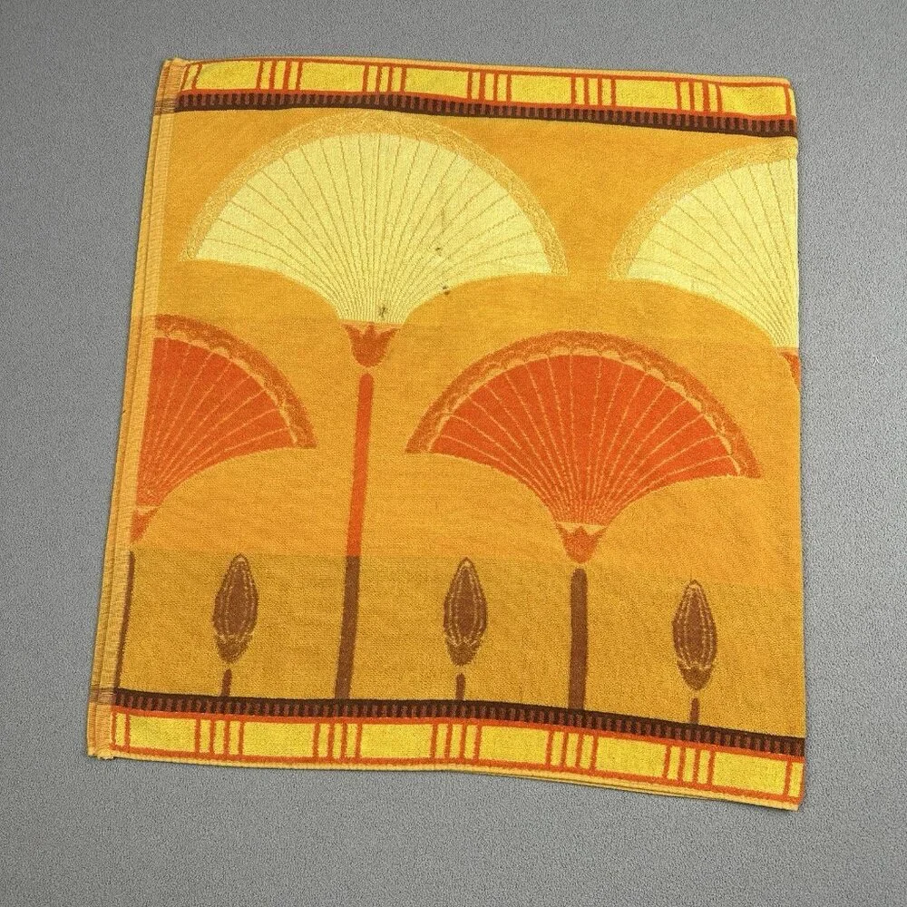 Vtg Core d’Azur Beach Towel Retro Palm Fan Leaf Egyptian Orange Yellow 29x52”